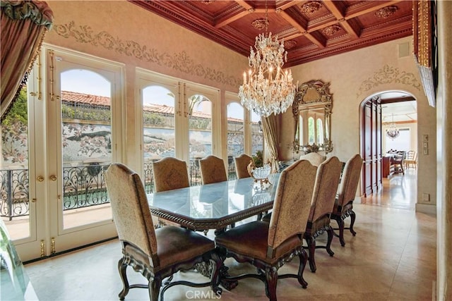 dining area with beamed ceiling, ornamental molding, coffered ceiling, and a notable chandelier