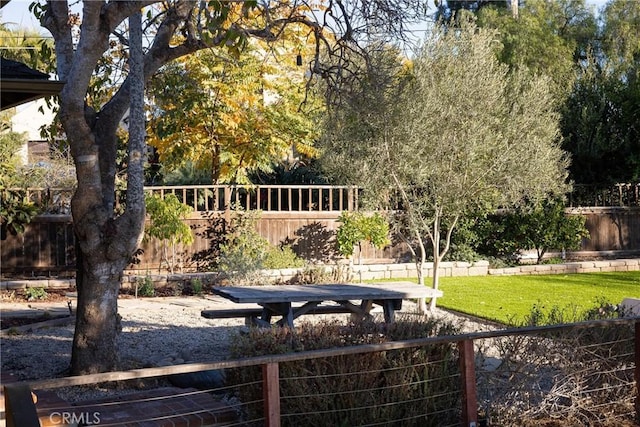 view of community with fence and a lawn