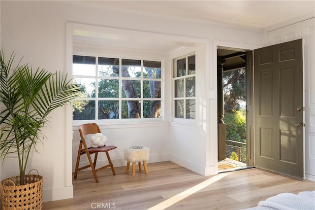 doorway to outside with light wood-style flooring and ornamental molding