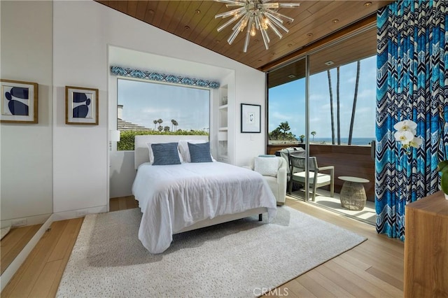 2538 Monaco Dr, Laguna Beach, CA 92651 - bedroom featuring multiple windows, wood finished floors, a chandelier, wooden ceiling, and lofted ceiling
