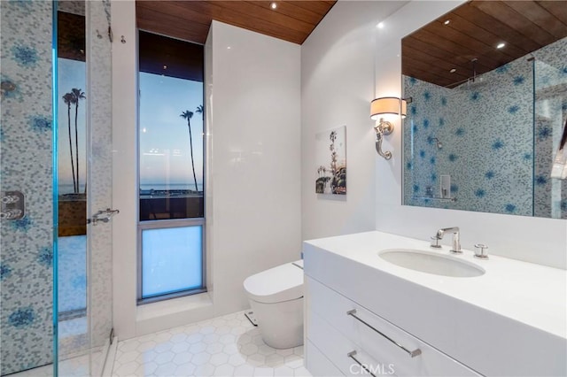 2538 Monaco Dr, Laguna Beach, CA 92651 - bathroom with wood ceiling, a stall shower, vanity, tile patterned flooring, and recessed lighting