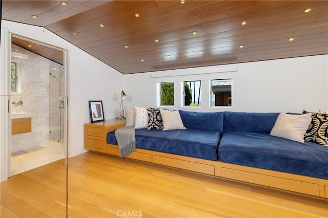2538 Monaco Dr, Laguna Beach, CA 92651 - bedroom with light wood finished floors, vaulted ceiling, wooden ceiling, recessed lighting, and connected bathroom