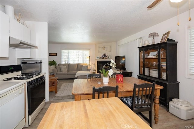 kitchen with white cabinetry, range with gas cooktop, ceiling fan, dishwasher, and a textured ceiling