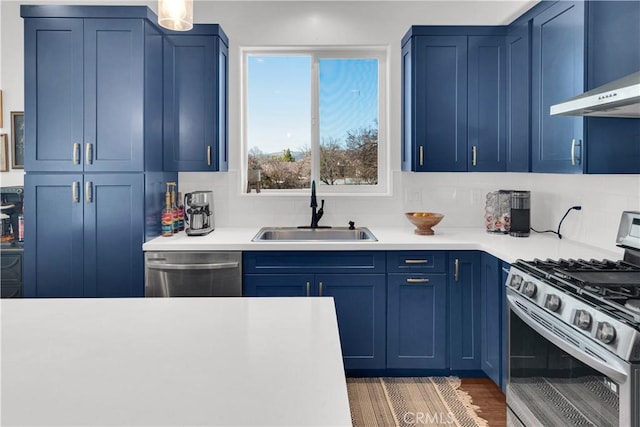 kitchen with blue cabinetry, appliances with stainless steel finishes, and a sink