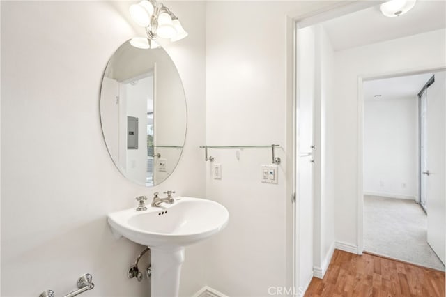 bathroom with wood-type flooring