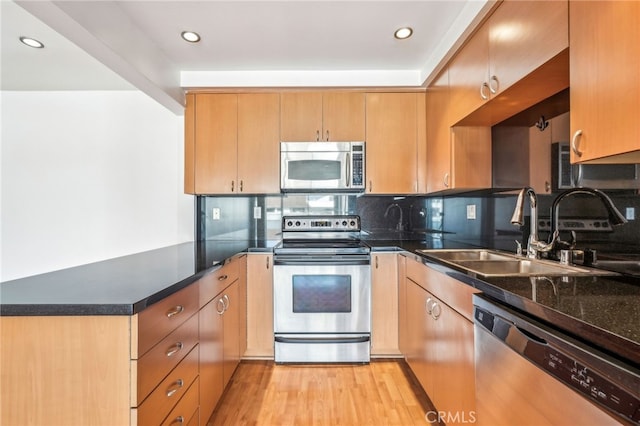 kitchen featuring sink, stainless steel appliances, light hardwood / wood-style floors, decorative backsplash, and kitchen peninsula