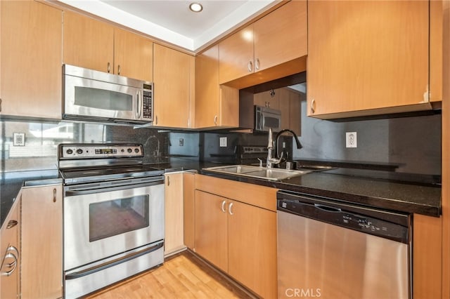 kitchen with sink, backsplash, stainless steel appliances, and light wood-type flooring