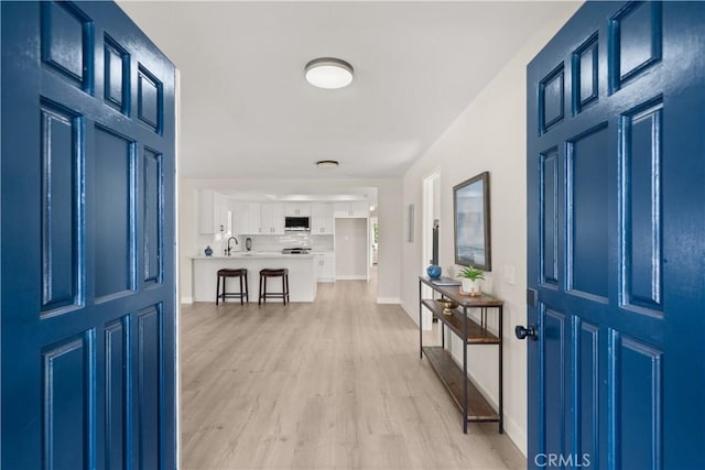 foyer entrance with light hardwood / wood-style floors and sink