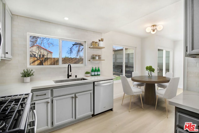 kitchen with sink, backsplash, light wood-type flooring, and appliances with stainless steel finishes