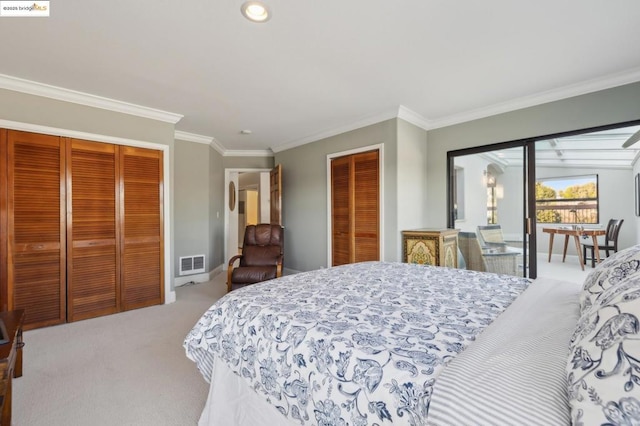 bedroom with light carpet, multiple closets, access to exterior, and crown molding