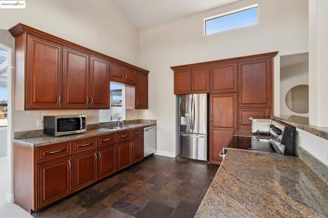 kitchen featuring stone counters, appliances with stainless steel finishes, a towering ceiling, and sink