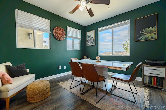 dining area with ceiling fan and dark hardwood / wood-style floors