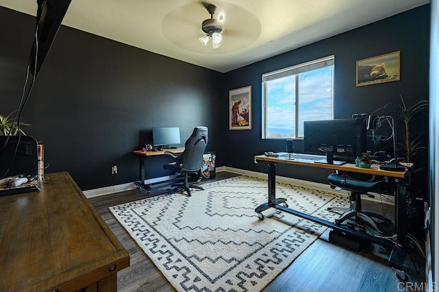 office space featuring ceiling fan and hardwood / wood-style floors