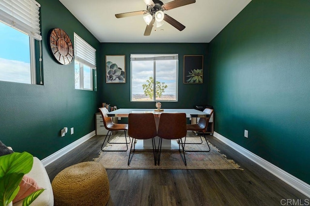 dining area with ceiling fan and dark hardwood / wood-style flooring