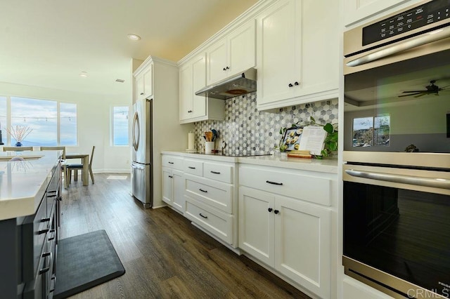 kitchen with dark hardwood / wood-style floors, appliances with stainless steel finishes, decorative backsplash, and white cabinetry