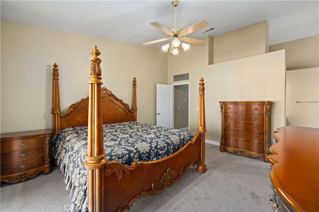 bedroom with ceiling fan and carpet