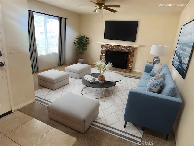 44504 Watford Ave, Lancaster, CA 93535 - living area with a ceiling fan and a brick fireplace