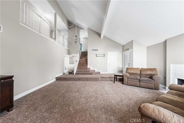 44028 Halcom Ave, Lancaster, CA 93536 - living room featuring a brick fireplace, carpet flooring, high vaulted ceiling, and beamed ceiling