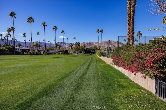 view of property's community featuring a lawn and a mountain view