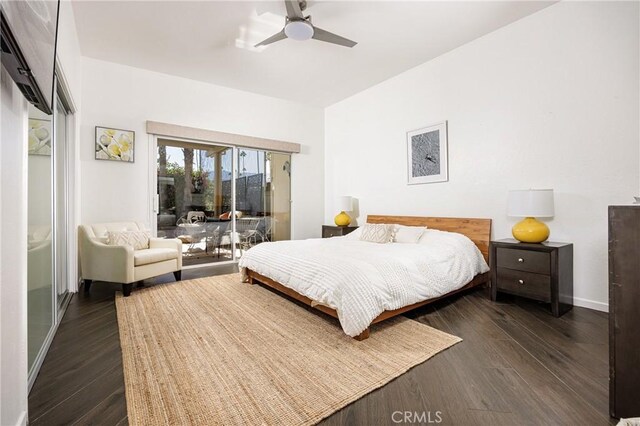 bedroom with ceiling fan, access to exterior, and dark hardwood / wood-style flooring