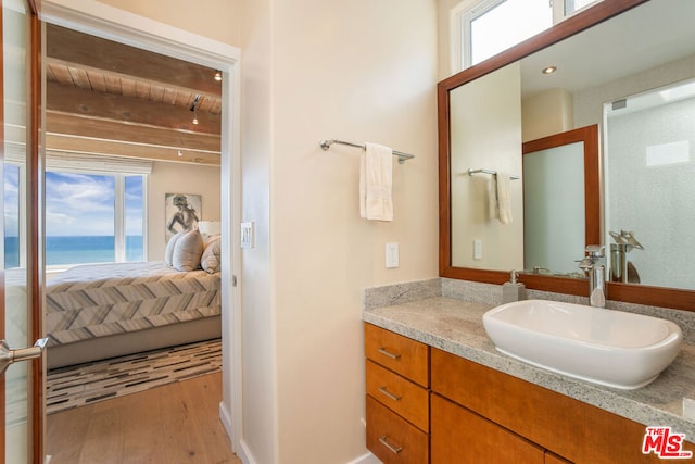 bathroom featuring wood-type flooring, vanity, a wealth of natural light, and a water view