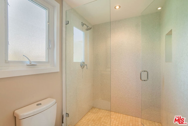 bathroom with toilet, a shower with door, and a wealth of natural light