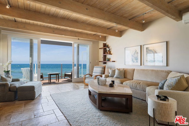 living room with wood ceiling, beamed ceiling, a water view, and a wall mounted air conditioner