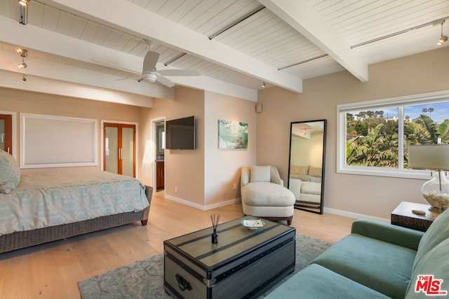 bedroom with ceiling fan, light wood-type flooring, wood ceiling, and beamed ceiling