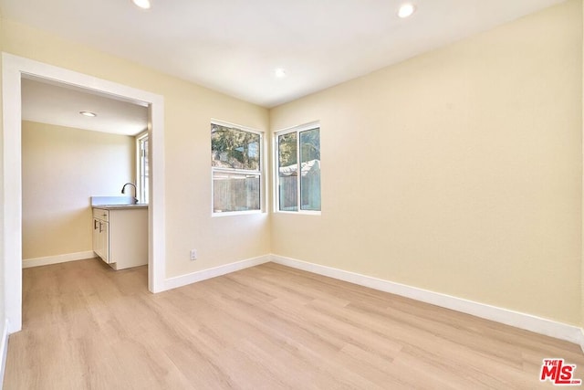 empty room with light hardwood / wood-style floors and sink