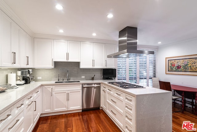 kitchen with island range hood, stainless steel appliances, dark hardwood / wood-style flooring, white cabinets, and sink