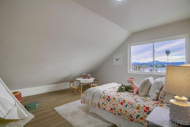 bedroom featuring lofted ceiling, a mountain view, and hardwood / wood-style floors