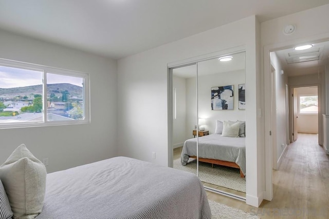 bedroom featuring a closet and light wood-type flooring