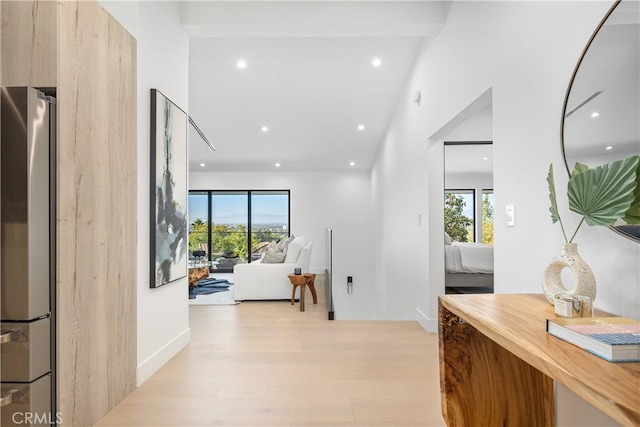 hall featuring high vaulted ceiling and light hardwood / wood-style floors