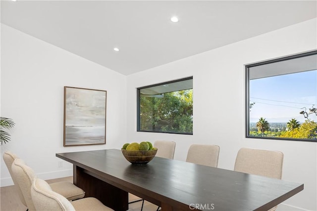 dining room featuring vaulted ceiling, a wealth of natural light, and light wood-type flooring