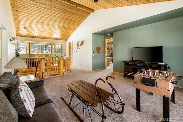 living room with light carpet, wooden ceiling, and lofted ceiling with beams