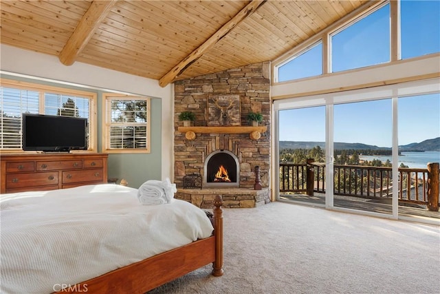 bedroom with a stone fireplace, wooden ceiling, access to outside, a water and mountain view, and beam ceiling