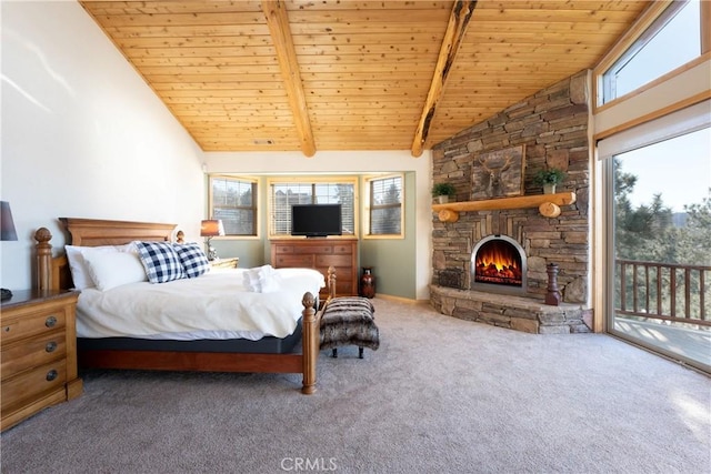 bedroom with wood ceiling, access to exterior, a fireplace, carpet flooring, and beamed ceiling