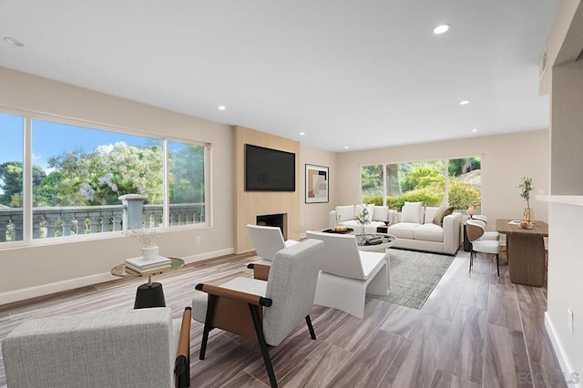 living room with a fireplace