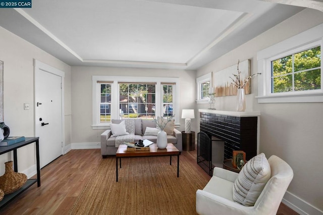 living room featuring hardwood / wood-style floors, a tray ceiling, and a brick fireplace