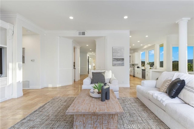 living room with crown molding