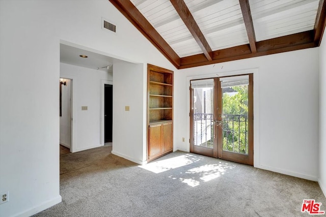 interior space with beamed ceiling, high vaulted ceiling, built in shelves, french doors, and wooden ceiling