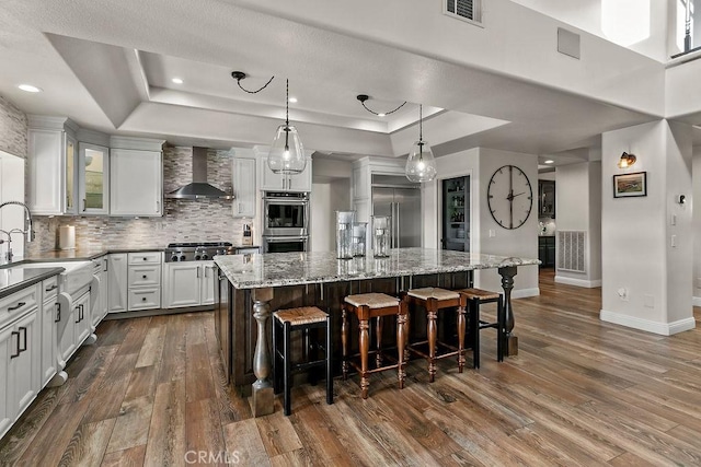 kitchen featuring appliances with stainless steel finishes, white cabinets, wall chimney exhaust hood, a kitchen island with sink, and a tray ceiling