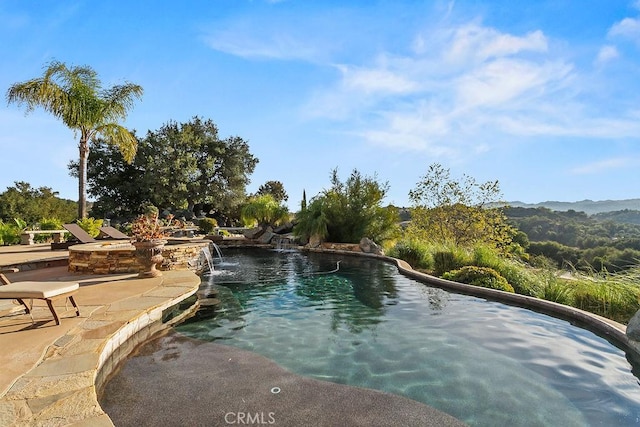 view of swimming pool with pool water feature, a jacuzzi, and a patio area