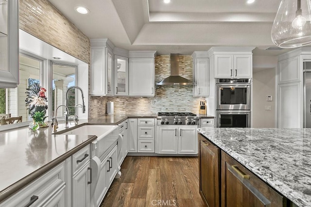 kitchen with white cabinets, wall chimney range hood, stainless steel appliances, dark hardwood / wood-style floors, and a tray ceiling