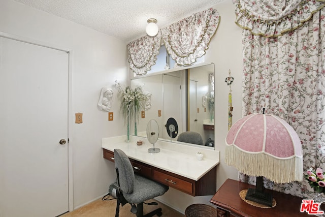 carpeted office space featuring a textured ceiling