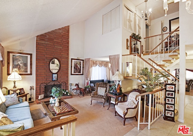 tiled living room with high vaulted ceiling, a textured ceiling, a chandelier, and a fireplace