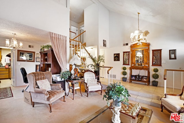 living room featuring high vaulted ceiling, light tile patterned floors, a chandelier, and a textured ceiling