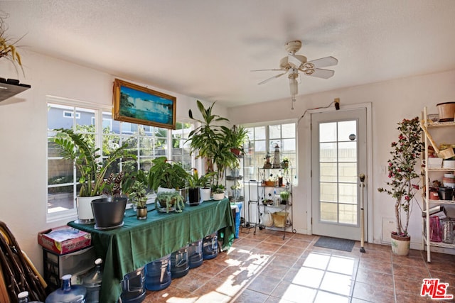 sunroom featuring ceiling fan and plenty of natural light