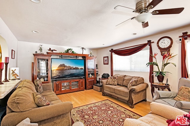 living room featuring ceiling fan and light wood-type flooring