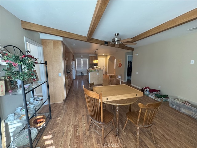 dining area with ceiling fan, dark hardwood / wood-style floors, and beam ceiling